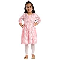 VASTRAMAY Chikankari Girls' Cotton Kurta Leggings Set, flower butterfly lily:pink, 2-3 Y