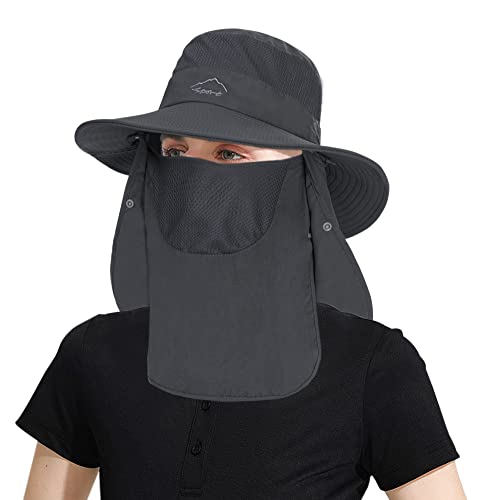 Outdoor Summer Sun Hat Wide Brim Fishing Hats For Women Men Safari Hat With Removable Face & Neck Flap Dark Grey #TOP1
