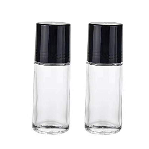 2Pcs 30 ml 1oz Deodorant Glass Roller Bottles Refillable Empty Massage Roll On Bottles Containers with Plastic Roller Ball Black Cap for Essential Oils DIY Deodorant, Clear2