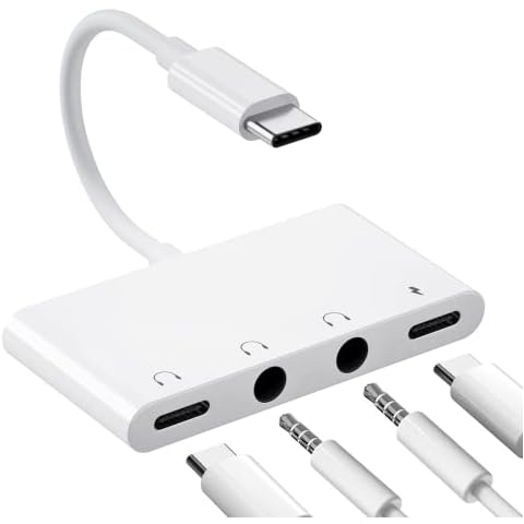 SkySmile USB C Audio Headphone Adapter, 4 in 1 Type-C to Dual 3.5mm Headphone Audio Splitter, USB C Headphone Jack and USB C Fast Charging Port Cover