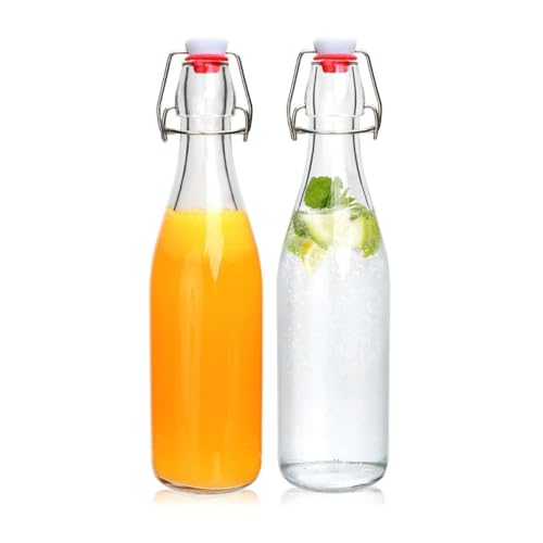 Image of Glassbunny 500ml Borosilicate Glass Water Bottles with Airtight Cap, Clear, Swing Top Flip Top Bottles for Fridge, Leak Proof, Reusable, BPA Free, Pack of 2