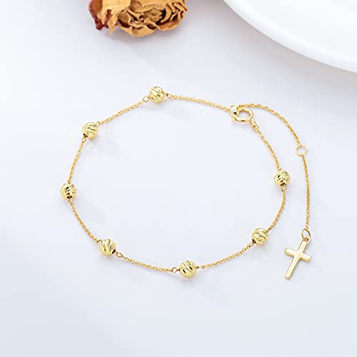 Sisgem Solid 14K Gold Bead Bracelet For Women, Real Gold Bead Station Thin Chain Whit Cross Bracelet Anniversary Birthday Jewelry Gifts For Her, Mom,Wife, Mother's Day, 6.5+1+1 Inches #TOP2