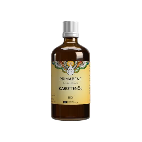 PRIMABENE Karottenöl Bio 100% natürlich & kaltgepresst Beta-Carotin-reich Für Gesicht Haut & Haare Veganes Pflegeöl Trägeröl für DIY-Kosmetik 50ml in Braunglasflasche