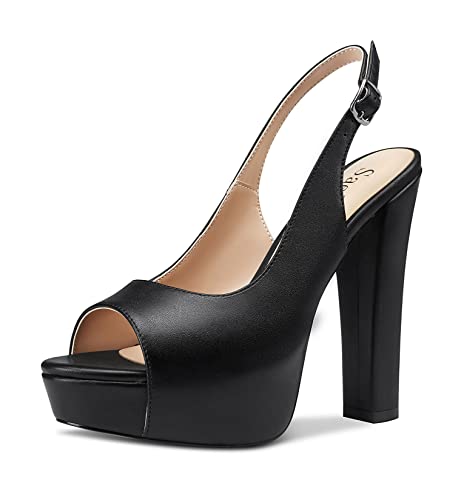 Saekcted Femmes Bloc Chunky Haut High Plate-forme Talon Heel Ouvert Bout Slingback Sandales Boucle Sexy Mariage Dress Escarpins Talon Heel Noir Matte 45 EU Cover