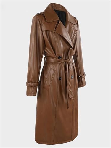 Lmtossey] 秋ロング 防水トレンチコート レディース ブラウン/PUレザー