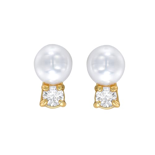 18K White/Yellow Gold Plated Silver Stud Earring With 0.20 Carat Diamond and Freshwater Cultured Pearl, Round Brilliant Shape, Earring For Women, Gift For Her Jewelry For Women2