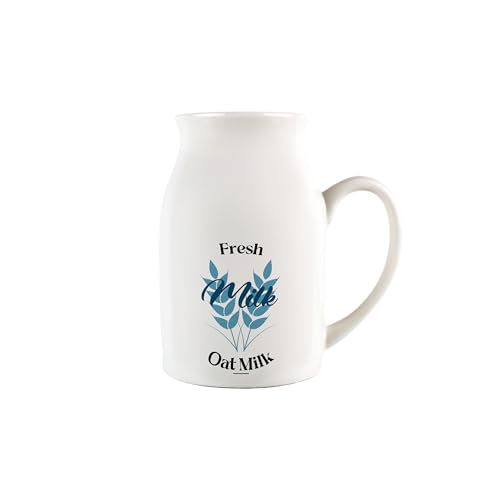 Oat Milk Jug - Vintage Blue Small Porcelain Creamer Jug Pitcher with Handle, 450ml, White