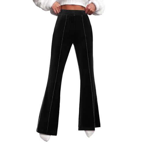 Flare - Pantalones de terciopelo para mujer, cintura alta, pierna ancha, elásticos, cintura elástica, pantalones de vestir, pantalones con costura frontal, Negro , L