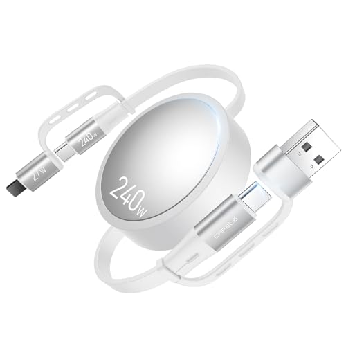 CAFELE Retractable Charging Cable, 240W Multi Charging Cable with USB C to L/Type C 5A Fast Charging Fast Charger Cable 4 in 1 with 4.3FT Adjustable Length, Multi-Port Cord for Laptop, Phone (White)