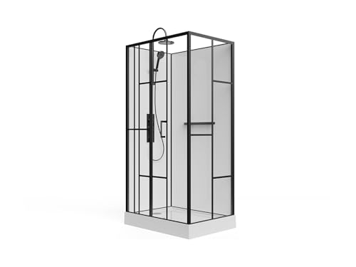 Vente unique Cabina de ducha rectangular serigrafiada   InstalaciÛn reversible   Blanco y Negro mate   L110 x A80 x H225 cm   GAVILA