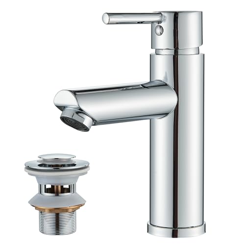 TVTIUO Mitigeur de lavabo avec bonde de vidage escamotable, monocommande en laiton chromé