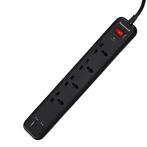 Image of Honeywell Surge Protector /Spike Guard /Extension Board,Master Switch,4 Universal Sockets,PD18W&USB,15000Amp,2 Meter Cord,Device Secure Warranty,Automatic Overload Protection,3Year Manufacturer Warranty