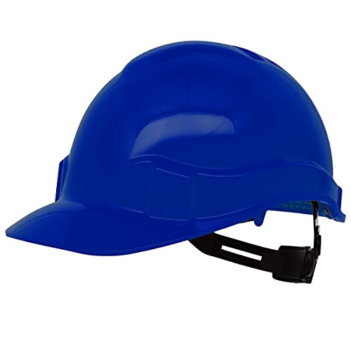 PRO FIT Arbeitsschutzhelm Pro Cap – Robuster Sicherheitshelm, PE-Schutzhelm für die Baustelle, Belüfteter Bauhelm, Anpassbares Kopfband & Kinnriemen - Blau