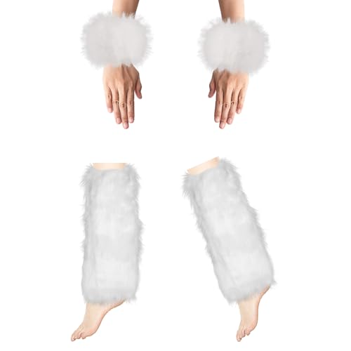 2 Pairs Womens Faux Fur Cuffs White Leg Warmer Fluffy Faux Fur Wrist Cuffs Winter Boot Covers