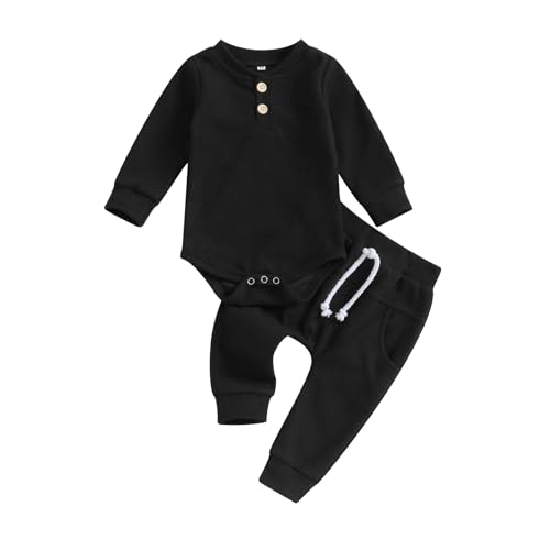 Image of Lamuusaa Newborn Baby Boy Clothes Stripe Long Sleeve Romper Shirts Jogger Pants Waffle Fall Outfit 0-18M