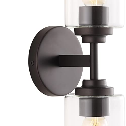 Image of JONATHAN Y 16 inch Oil Rubbed Bronze Farmhouse 2-Light Wall Sconce, Industrial Vanity Light for Bathroom Mirror, Entryway, Hallway, Clear Glass Cylinder Shades, LED Bulbs JYL9548A
