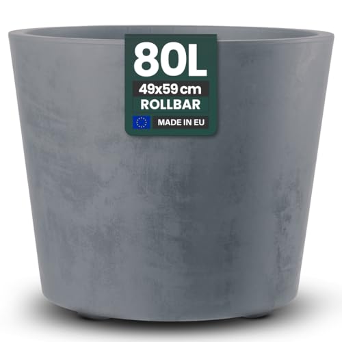 Kreher XXL Pflanzkübel Millennium mit rollbarer Plattform und einem Volumen von 80 Liter! Tolle Naturstein Optik in Braun oder Anthrazit! Maße: 59 x 49 cm (ØxH) (Grau)