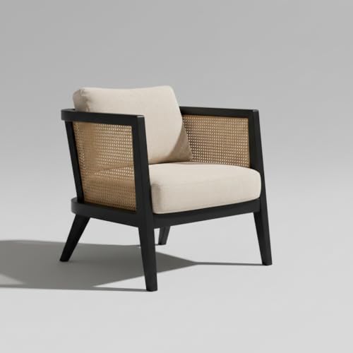 Image of APRODZ Solid Wood Accent Chair for Living Room Mid Century Modern Wooden Upholstered Armchair with Cushion Lounge Chair Cane Back Wooden Frame for Living Room Bedroom Office Seating (Black)