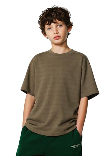Image of Alan Jones Clothing Boys Oversized T-Shirt with Embossed Stripe Design | Half Sleeve Round Neck Casual Tee for Kids
