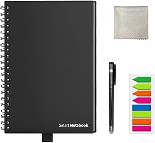 HOMESTEC Reusable Smart Notebook - A5, Black, 6 Page Styles, Endlessly Reusable Note Pad, a Pen, Self-Stick Notes and Wipe Included (Lined and Dot-Grid Pages)