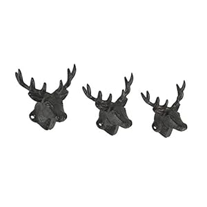 Setof3rusticbrowncastirondeerheadwallhooksforlodgeandcabindecor425incheslongantiquebrownhooksforcoatsrobestowelsandkeys Urban Country Home Decor Set of 3 rustic brown cast iron deer head wall hooks for lodge and cabin decor 425 inches long antique brown hooks for coats robes towels and keys urban country home decor