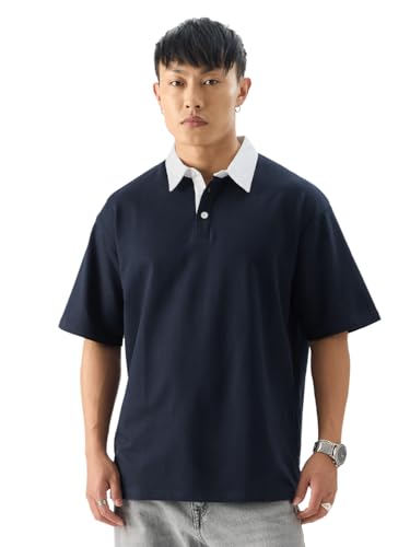 Image of The Souled Store Solid: Navy Blue Men and Boys Short Sleeves Collared Neck Cotton Oversized Polos