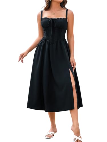 Image of EYNMIN Women's Summer Casual Midi Dress Smocked Sleeveless Flowy Slit A Line Beach Sundresses