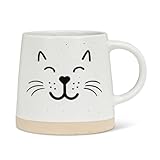 Abbott Collection Wide Base Mug with Cat Face - Stoneware Coffee Cup, Ivory/Black, 3.75" H (14oz)