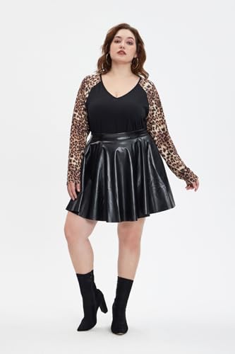 Image of TIYOMI Plus Size Tops for Women Raglan Long Sleeve V Neck T Shirts Casual Color Block Leopard /Floral Tops Winter Tee Shirt