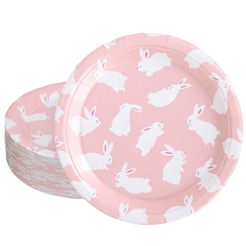 Whaline 40 Pcs Pink Easter Bunny Paper Plates Some Bunny Is One Birthday Plates Cartoon Rabbit Disposable Plate for Baby Shower Holiday Spring Party Tablware Supplies 9 Inch