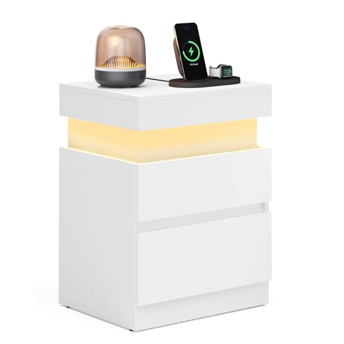 VASAGLE Kailyn Colección - Mesita de Noche con Regleta de Enchufes, Tapa Deslizante, 2 Cajones, Tira LED, Pequeña Mesa Auxiliar, Estilo Moderno, 35 x 40 x 55 cm, Blanco Nieve LET640WB01