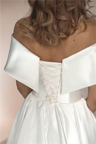 Image of Women's Off Shoulder Wedding Dress for Bride Tea Length A Line Satin Formal Prom Dresses with Pockets
