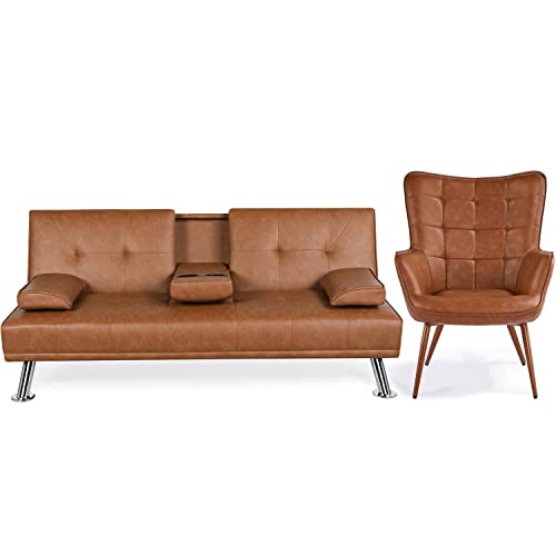 Yaheetech Faux Leather Leisure Sofa Recliner Couch For Living Room Set + Contemporary Leather Accent Chair Home Office Furniture Sets Brown #TOP6