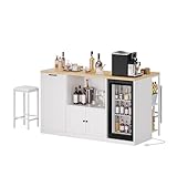 Homiflex Bar Table with Stools, 67' Kitchen Island with Storage, Breakfast Bar Cabinet with Drop Leaf, Bar Height Table and Chairs, Wine Cabinet Mobile Storage Islands with Power Outlet, White