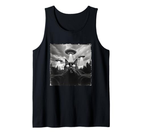 Divertente gatto alieno selfie con UFO regalo umorismo gatto UFO Meme Canotta