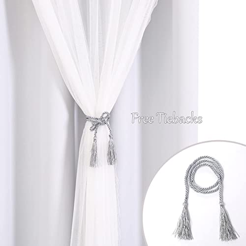 Image of Greyish White Blackout Curtains Set - Double Layers Voile Sheer Light Blocking Draperies with Tie-Backs for Bedroom Windows, 52 x 63 inches, Greyish White, 2 Pieces