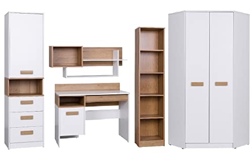 Marmex Kinderzimmer Komplettes Set Grant 5, im Set: Schreibtisch G2, Geschlossener Büchregal G6, Schmales bücherregal G7, Wandregal G3,Eckgarderobe G8 - Weiß + Riviera Eiche