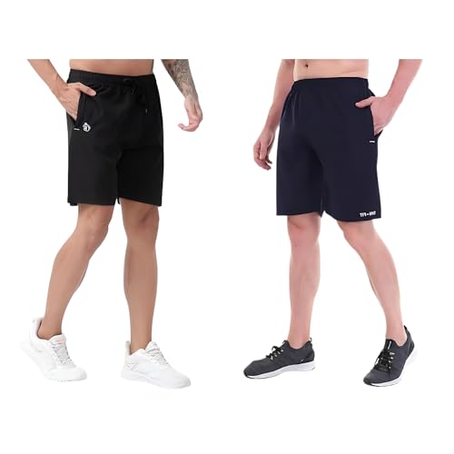 Image of BLUE STAR SHARK Athletic Sports Shorts for Men with Zip Pockets and Elastic Waistband Quick Dry Lightweight Activewear Combo - Pack of 2 (Color: Black and Blue, Size:M)