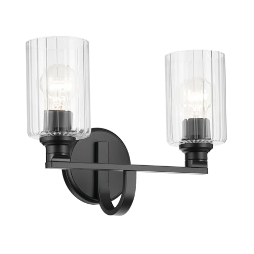 Image of Kichler Gioe 14.25 inch 2-Light Bathroom Vanity Light Fixture with Clear Fluted Glass in Black, Damp Rated for Powder Room Over Mirror (14.25 inch W x 10.5 inch H), 55225BKFLU