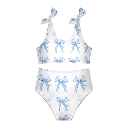 Plaaee Girls' 2 Piece Swimsuits Small Blue Bows Cute Bikini Set Bathing Suit 4T