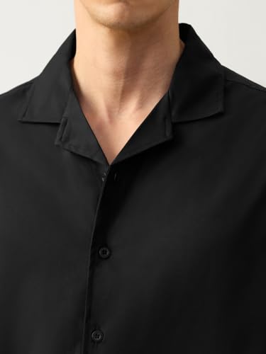 Image of The Souled Store: Seal Men and Boys Short Sleeve Cuban Collar Black Solid Polyester Casual Lightweight Drop Shoulder Streetwear Trendy Basic Oversized Shirt