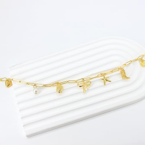 Gold Plated Paperclip Chain Beach Charm Necklace for Women Cute Shell Bow Dainty Beachy Starfish Pearl Seashell Strawberry Fruit Heart Mermaid Summer Jewelry Gift 5