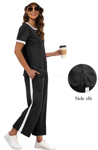 Image of XIEERDUO Women's 2 Piece Outfits Summer Lounge Sets Side Slit Loungewear | Short Sleeve Top Matching Wide Leg Capri Pants