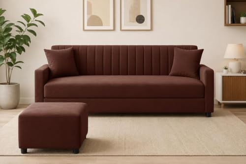 Image of 3 Seater Wooden Sofa Set with Ottoman for Living Room | Premium Velvet Fabric Wooden Frame | Modern Design | Comfortable Cushioned Sofafor Home, Office & Lounge | Brown Color