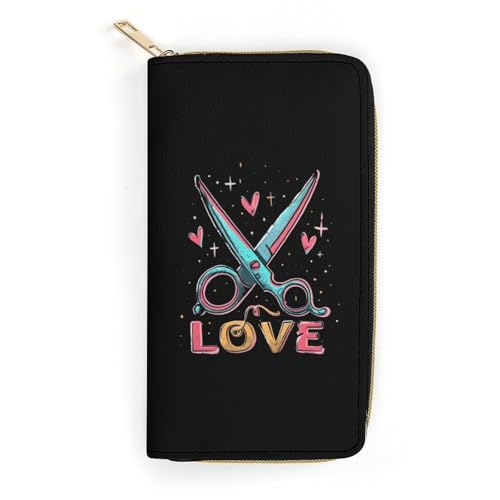 Love Scissors Barber Hairstylist Wristlet Wallets for Men Women Leather Purse Clutch Cute Card Holder