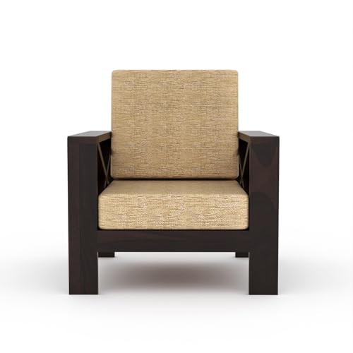 Image of KINGS HOME FURNITURE Sheesham Wooden 1 Seater Sofa for Living Room | Rosewood 1 Seater Cushion Sofa X-Legs | Solid Wood Sofa Set for Lounge (1 Seater,Walnut)