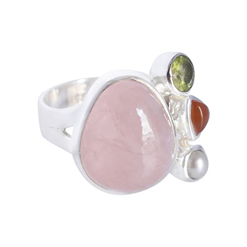 Bague argent 925 quartz rose naturel et cornaline véritable RI-4060A
