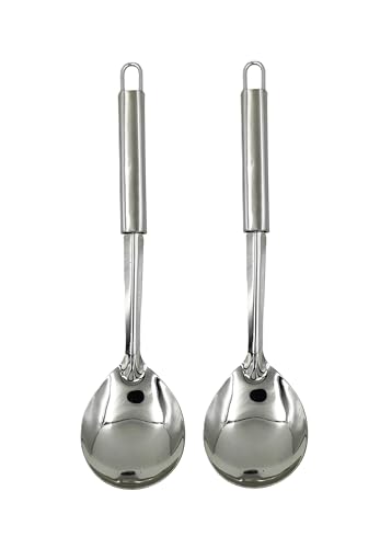 Image of Kitchen Tools Stainless Steel (Food Grade) Heavy Gauge Classic Solid Oval Spoon (Serving Spoon) Chamcha for Serving Rice /Pasta /Subzi (Size 27 cm) (2-Piece)