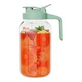 Glass Mason Jar Pitcher, 64 oz Wide Mouth Jug with Pour Spout Handle Lid for Cold Brew Coffee, Ice Beverage, Iced Juice, Lemonade, Sun Tea, Fruit Drinks Container（Green）