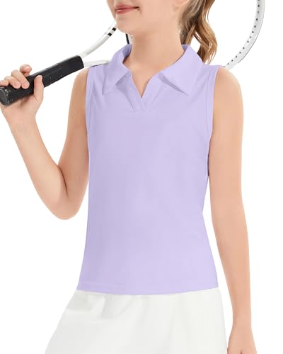 Image of Girls Sleeveless Polo Shirts, Kids V Neck Golf Shirts Blouses, Quick Dry Athletic Girls Tennis Tank Tops, Size 5-14